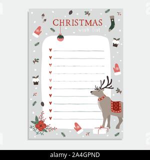 Süße Weihnachten Wunschliste mit Rehen, winter Blumenschmuck, weihnachtsbaumschmuck, Handschuhe, Muffins und fallenden Schnee. Hand winter gezeichnet Grußkarte Stock Vektor