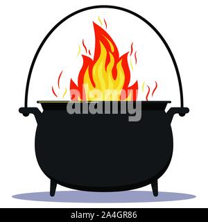 Schwarzes Eisen leeren Topf mit Feuer flache Design cartoon Vector Illustration. Camping Kessel, Hexen Kessel mit Griff und Beine Symbol auf isolierte Stock Vektor