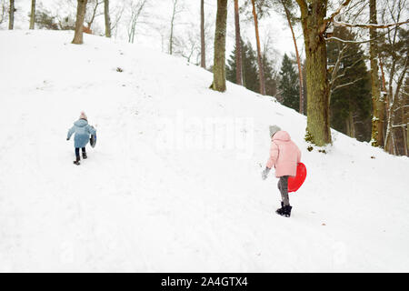 Zwei adorable junge Mädchen Spaß zusammen haben im schönen Winter Park. Süße Schwestern Spielen im Schnee. Winter Aktivitäten für Familien mit Kindern. Stockfoto