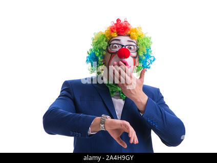 Der lustige Clown Geschäftsmann auf weißem Hintergrund Stockfoto