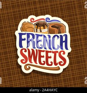 Vektor logo für französische Spezialitäten, Papier schneiden Label für Konditorei Cafe mit original brush Schrift für Worte französische Spezialitäten, frischen Croissants, choux Pas Stock Vektor