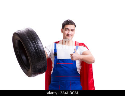 Die Superhelden Mann mit Reifen isoliert weißer Hintergrund Stockfoto