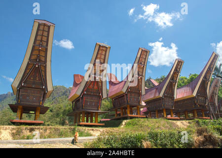 Traditionelle Alang Reis Scheune, Rantepao, Tana Toraja, South Sulawesi, Indonesien. Alang Häuser haben eine Unterscheidung Boot - geprägt. Stockfoto