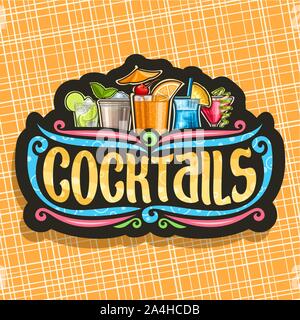 Vektor logo für Cocktails, Vintage schwarz Namensschild mit 5 bunten erfrischende alkoholfreie und ursprünglichen Bürste Schrift für Wort Cocktails auf dunklen, von Set Stock Vektor