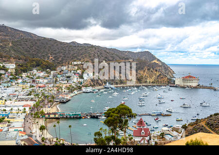 Blick auf die Marina und Avalon von oben in Santa Catalina in Südkalifornien Stockfoto