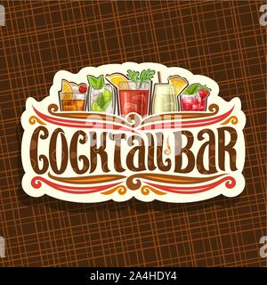 Vektor Logo für die Cocktail Bar, Vintage Papier schneiden mit 5 bunten erfrischende alkoholfreie und ursprünglichen Bürste Schrift für Worte Cocktailbar auf Weiß, Stock Vektor
