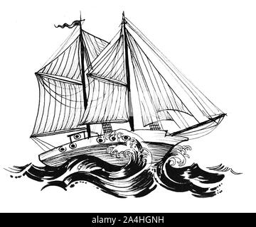 Segelschiff auf stürmischer See. Tinte schwarz-weiss Zeichnung Stockfoto