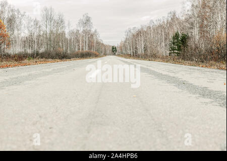 Leere alte Straße mit weißen signalisieren. Herbst Umwelt. Close-up Stockfoto