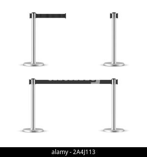 Gurtabroller stanchion eingestellt. Tragbare ribbon Barriere. schwarz gestreifte Gefahr fechten Band. Chrom weltbewusstseins. Stock Vektor