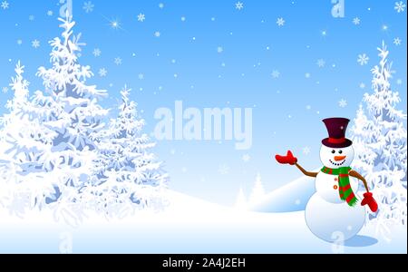 Schneemann in einen Hut begrüßt vor dem Hintergrund des winterlichen verschneiten Wald. Schneemann auf dem Hintergrund der Tannen und Schneeflocken. Weihnachten Einladung. Stock Vektor