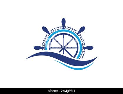 Schiffs Steuerrad mit Ocean Wave Logo Design Stock Vektor