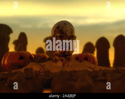 3D-rendering Zombie und Kürbis auf dem Friedhof Stockfoto