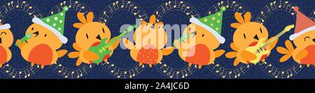 Spaß Weihnachten Grenze mit cartoon Rotkehlchen singen und tanzen. Die nahtlose Vektor Muster in Gold, Rot und Grün auf musikalische Note texturierte midnight blue Stock Vektor