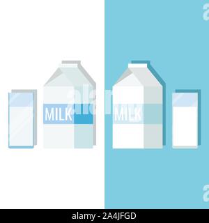 Set Bilder Papier weiß und blau Verpackung und Glas Milch. Milch schließen Symbol mit Schatten auf Weißem und Blauem Hintergrund isoliert. Vektor cartoon fla Stock Vektor