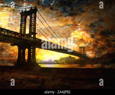 Lebendige digitale Malerei. Manhattan Bridge in die Strahlen der Morgendämmerung Stockfoto