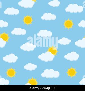 Sunny day sky Cute Vector nahtlose Muster mit Fluffy Clouds und strahlende Sonne am blauen Himmel Hintergrund. Endlose Textur für Web, Abdeckungen, Banner, Stock Vektor
