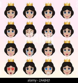 Satz von niedlich queen Emoticons. Die verschiedenen Emotionen des Charakters. Satz von avatar Symbole. Vector Illustration. Stock Vektor