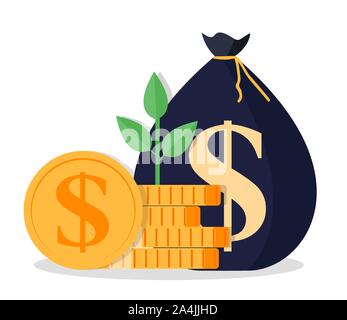 Wachsende Money Tree mit Goldmünzen auf Ästen Symbol. Symbol für Reichtum und Erfolg. Vector Illustration Stock Vektor