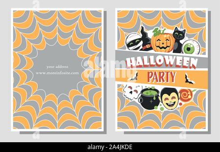 Zwei Seiten Einladung oder Flyer für Halloween Party mit bunten festliche Elemente. Flache Bauform. Vector Illustration. Stock Vektor
