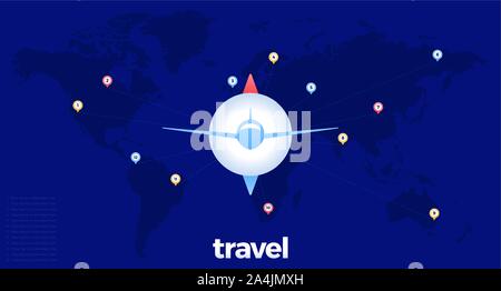 Weltkarte whit gestrichelte CTG-Linie mit Pin-Lage und Flugzeuge in der Kompass in der Mitte. Travel Concept. Vector Illustration Stock Vektor