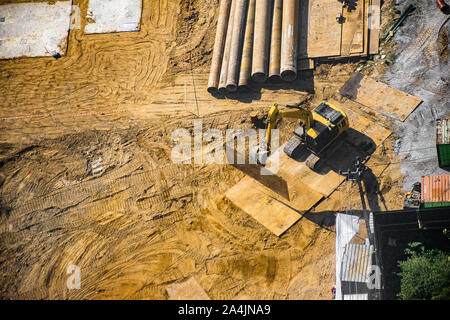 Luftaufnahme der Standortvorbereitung, Beräumung, Masse funktioniert und Foundation Stage. Stockfoto