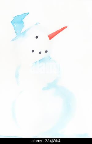 Handgemachte Weihnachtskarte in Aquarell eines Schneemannes Stockfoto