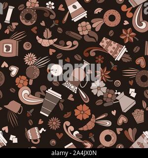 Kaffee Design. Nahtlose Muster Hintergrund. Vector Illustration. Croissant, Donut muffin Stock Vektor