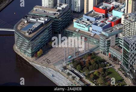 Luftaufnahme von MediaCity UK in Salford Quays, Manchester, UK Stockfoto