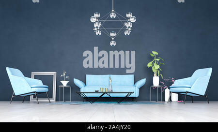 Dekorativer Hintergrund für Home, Office und Hotel. Moderne Raumgestaltung Wohnzimmer Textur Zimmer dunkel blaue Wand Hintergrund und Fokus auf innere d Stockfoto