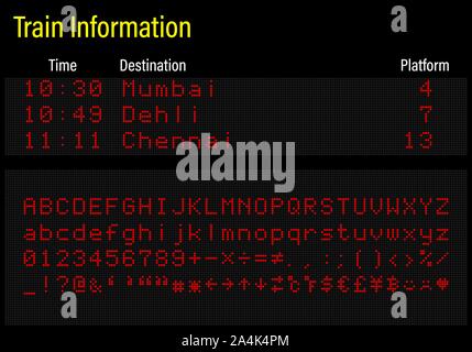 LED-Elektronik digital Font, Buchstaben, Zahlen und Symbole Vector Illustration für Flughafen, Zug Information und Sport Anzeigetafel - rote Schrift Stock Vektor
