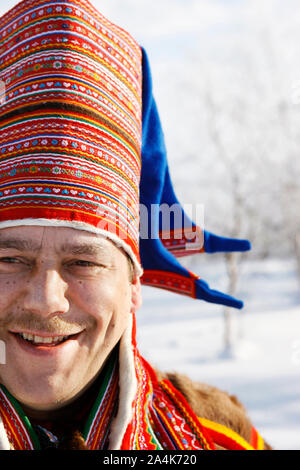 Portrait von laplander Mann. Lapp/Lappen/Laplander/Laplanders/Lapplander/Lapplanders/Sami/Gleichen in Kautokeino, Lappland/Lappland Stockfoto