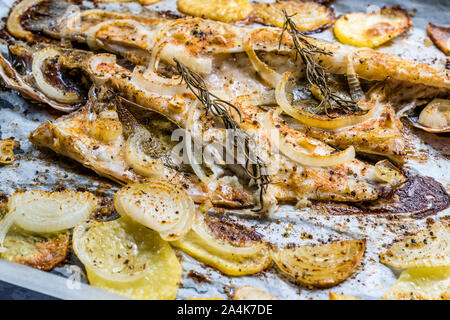 Filet vom Wolfsbarsch vom Grill mit Kartoffeln und Zwiebeln in Backblech mit Backofen. Ökologische Lebensmittel. Stockfoto