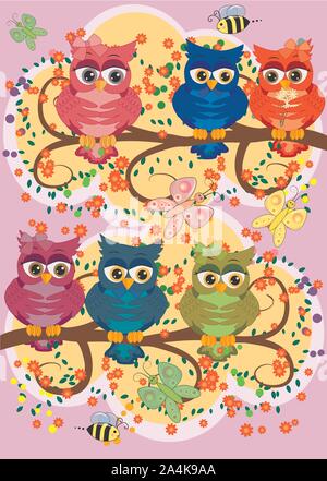 Süße bunte cartoon Eulen sitzen auf Ast mit Blumen. Stock Vektor