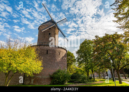 Schöne Mühle in der Altstadt Kempen im Herbst an einem sonnigen Tag. Typische, alte deutsche Wahrzeichen. Historische Windmühle in Deutschland. Stockfoto