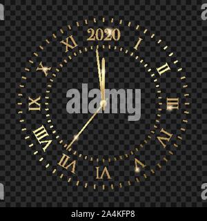 Neues Jahr 2020 goldene Uhr. Uhr mit 2020 Countdown um Mitternacht Stock Vektor