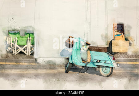 Aquarell Abbildung: Türkis Roller auf der Straße geparkt; digitale Illustration mit Kopie Raum Stockfoto