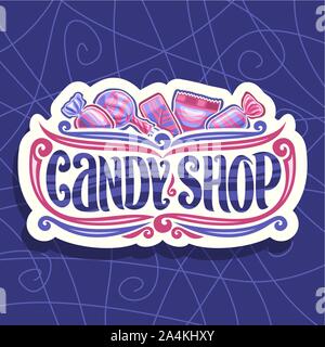 Vektor logo für Candy Shop, auf Papier schneiden Signage 5 Süßigkeiten verpackt in rosa und blau Kunststoffgehäuse, ursprüngliche Schriftart für Worte Candy Shop, Lollipop in St Stock Vektor