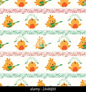 Funky cartoon Robins Gitarre spielen und Tanzen zwischen den Linien der Noten. Die nahtlose Vektor Muster in Gold, Rot und Grün auf Weiß Stock Vektor