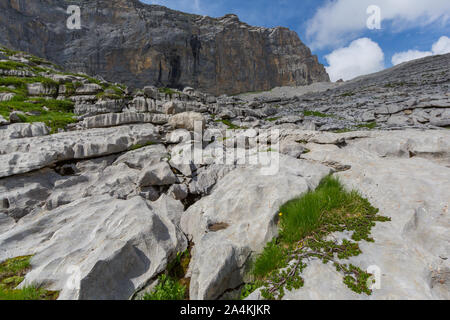 Karstlandschaft nahe Melchsee Frutt in der Schweiz mit der grünen Wiese und blauer Himmel Stockfoto