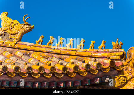 In der Nähe des goldenen Spielsteinen, die Dächer der Verbotenen Stadt, dem ehemaligen chinesischen kaiserlichen Palast aus der Ming Dynastie bis zum Ende der Qing Dynastie, t Stockfoto