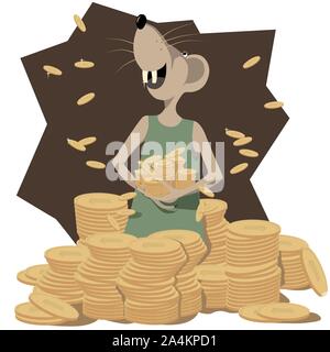 Ratte Symbol für das neue Jahr 2020 sammelt Geld fallen. Freude und Glück auf dem Gesicht der Maus. Berge von Goldmünzen. Vector Illustration Stock Vektor
