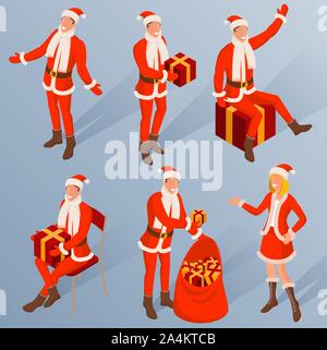 Isometrische Zeichen der jungen Santa. Verschiedenen Posen und Handlungen. Weihnachten und Neujahr design Element festlegen. Stock Vektor