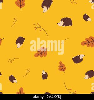 Die nahtlose Vektor Muster hedgehog Wald Herbst. Kinder flach im skandinavischen Stil Natur Tier fallen Hintergrund gold gelb. Für textile Gewebe drucken Stock Vektor