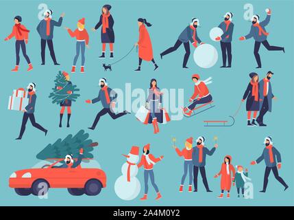 Satz winter Menschen Zeichen snd Aktivitäten Stock Vektor