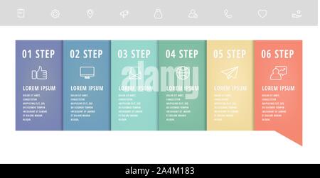 Vektor Infografik flachbild Vorlage Pfeile für sechs Diagramme, Grafik, Präsentation. Business Konzept mit 6 Label. Für Inhalte, Flussdiagramm, Schritt für Schritt Stock Vektor