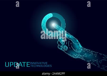Schild mit der Aktualisierungsschaltfläche für den Finger mit geringer Poly-Poly- Neue Version Software mobile System Upgrade Internet-Upload. Online-Informationen Touchscreen Mann Hand drücken Stock Vektor