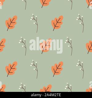 Acorn Blätter und wildflower Gras nahtlose Vektor Natur Hintergrund im Herbst Farben. Orange Schwarz Weiss Grün stilisierte florale Formen herbst Muster Stock Vektor