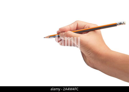 Kind Hand zeichnet einen Bleistift. Auf weissem Hintergrund. Leere Blatt. Oben betrachten. Hand auf ein Papier mit einem Bleistift Schreiben. Stockfoto