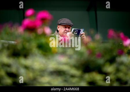 Eine racegoer ruht schaut durch ein offizielles Programm in Ascot Pferderennbahn. Stockfoto