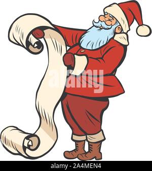 Santa Claus mit Liste. Weihnachten und neues Jahr. Comic cartoon Pop Art retro Vektor Zeichnung Abbildung Stock Vektor